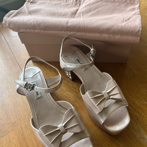 Miu miu pink platform sandals block heel crystals bow 38 1/2 - Picture 12 of 13